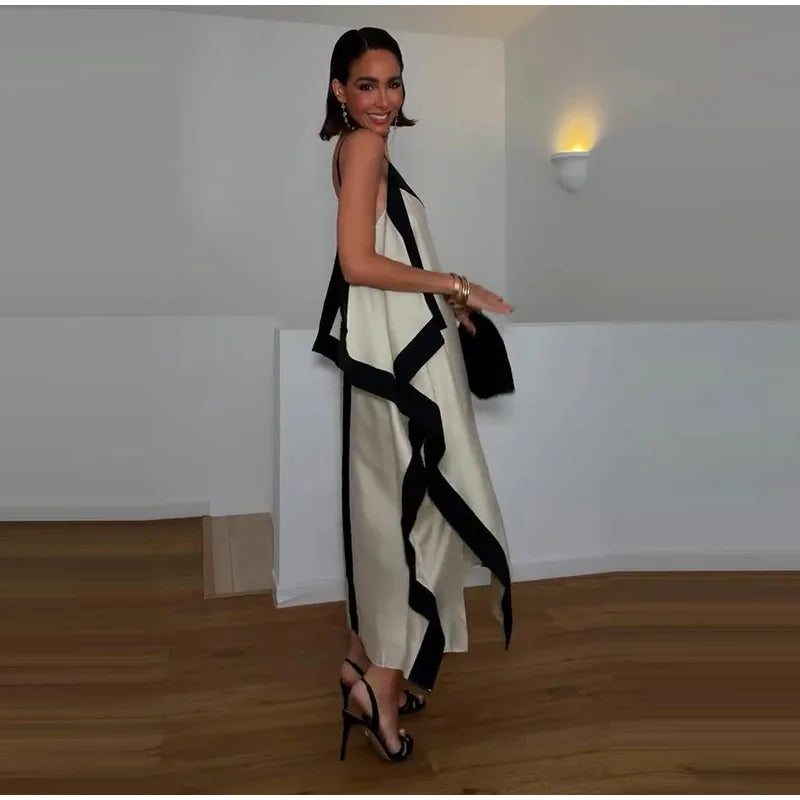 Contrast Black Trim Satin Maxi Dress Deep V Neck Loose Flowy Ruffle Hem Lady Long Gown 2026 Summer Formal Chic Vacation Dresses