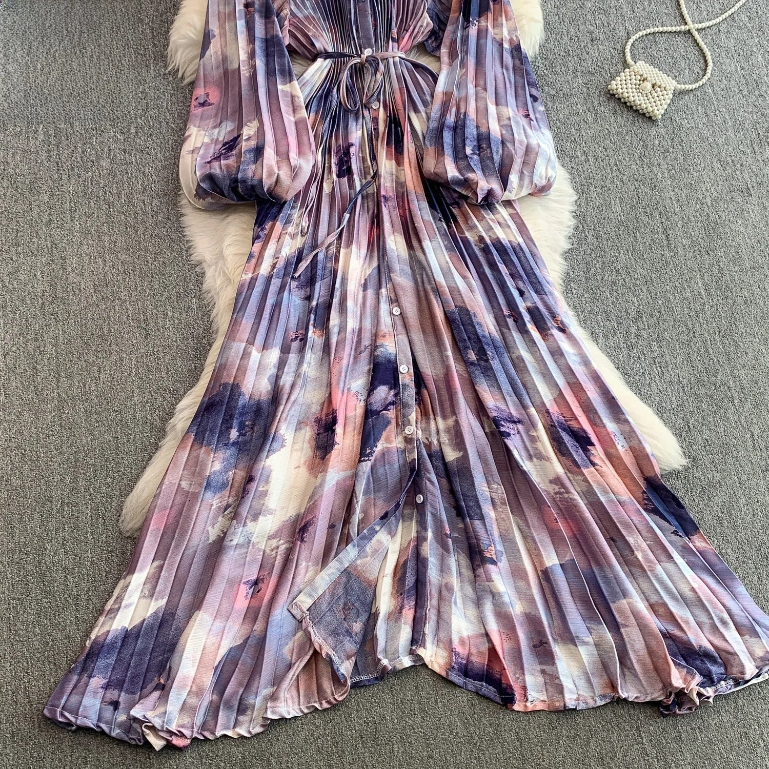 Printed round Ne Lantern Sve Dr Women's Single Button Waist Cinch Maxi Skirt Long Dr Commute Sle Autumn