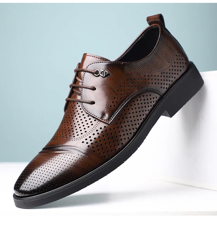 Men's Summer Breathable Leather Shoes Hollow out Fashionable Slip-On Comfortable Anti-Slip Soft Bottom Derby Shoes-SJ2501-1