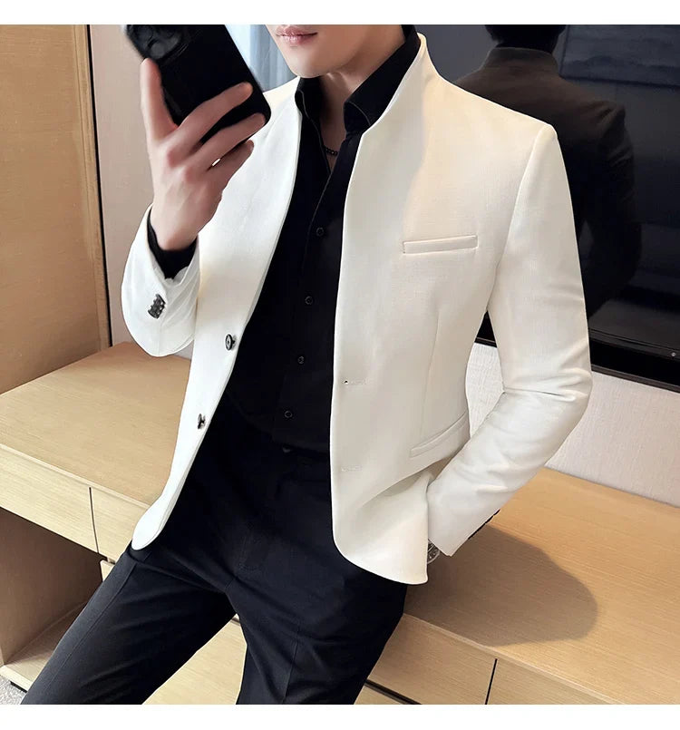 Waffle New Chinese Stand-Up Collar Suit Coats Men Slim Fit Business Casual Fashion Suits Jacket Formal Social Prom Party Tuxedos