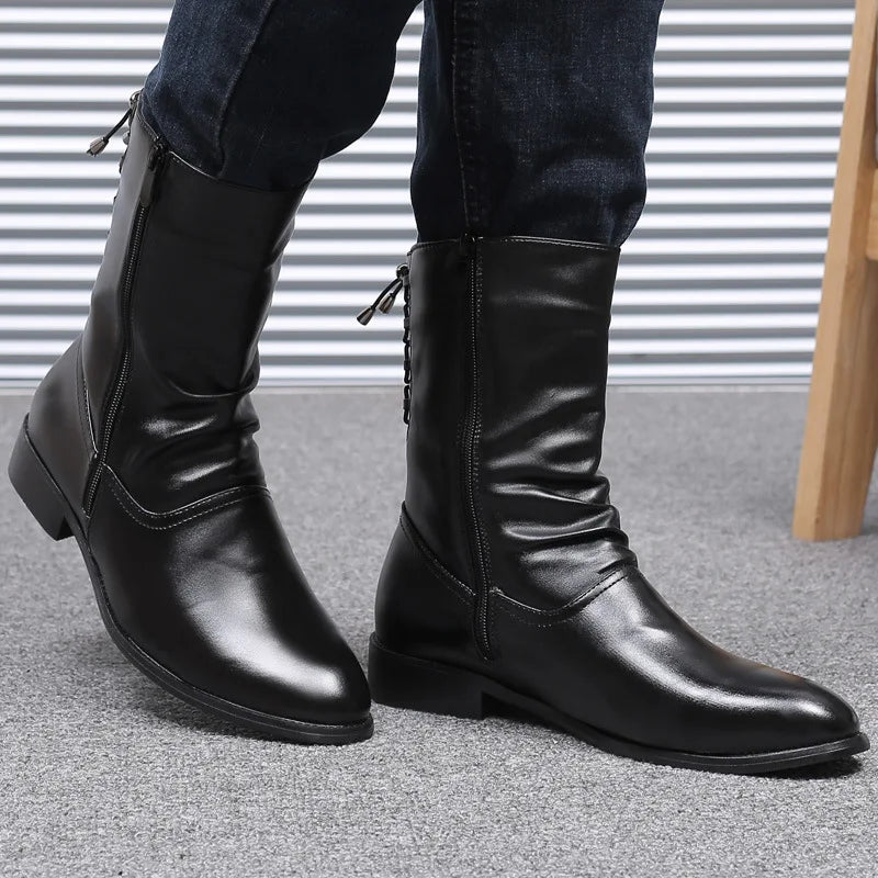 Men's Leather Boots High Quality Black Motorcycle Boots Designer Punk Rock Mid-calf Boots Fashion High Top Shoes Botas Masculino