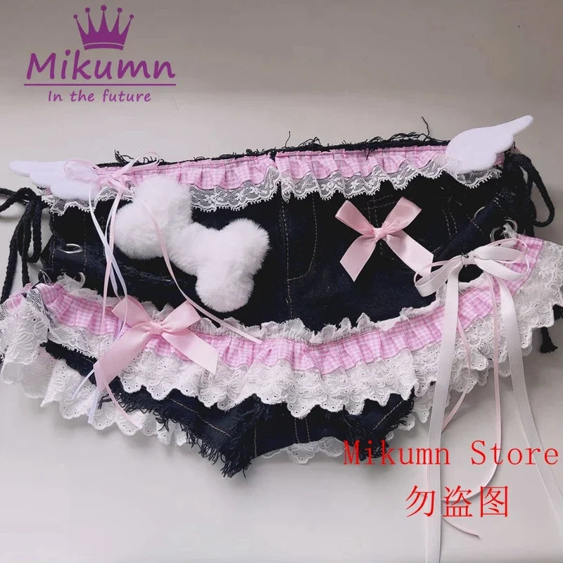 Mikumn Harajuku Y2k Women Sexy Lace Shorts Punk Girls Sweet Bow Angel Wing Bone Lace-up Low Waist Denim Shorts Jeans Streetwear