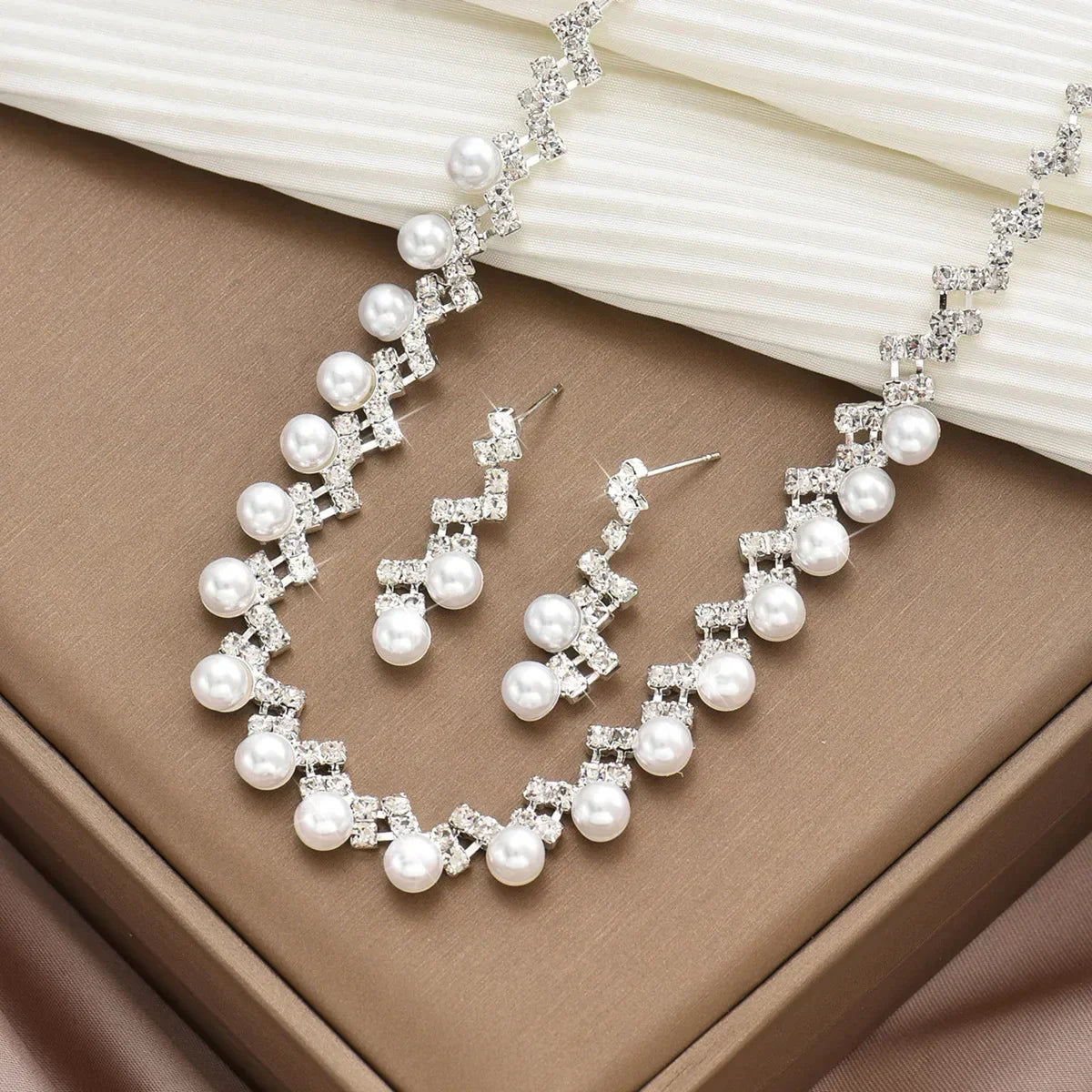 Silver Color Pearl Crystal Bridal Jewelry Sets Wave Shape Choker Necklace Earrings Sets for Women Wedding Jewelry Sets