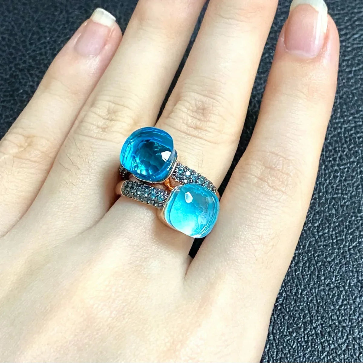 10.6mm Elegant Blue Topaz Zircon Ring Dual Tone Black Gun & Rose Gold 30 Colors Candy Crystal Jewelry Gift for Women