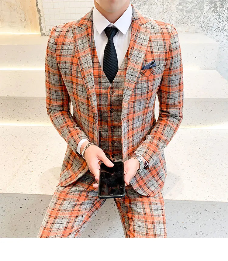 ( Jackets + Vest + Pants ) New Fashion Boutique Plaid Mens Casual Business Suit Groom Wedding Dress Suit 3pces Set Male Blazer