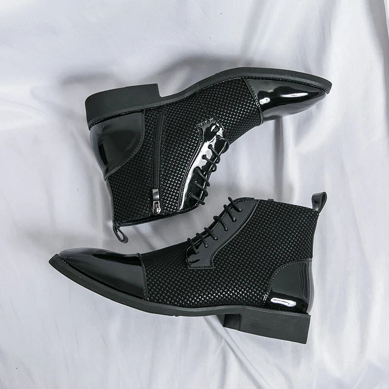 New Fashion Male Pointed Mixed Patchwork Lace Up Ankle Boots Men Casual Luxury High Top Platform Shoes Zapatos Hombre