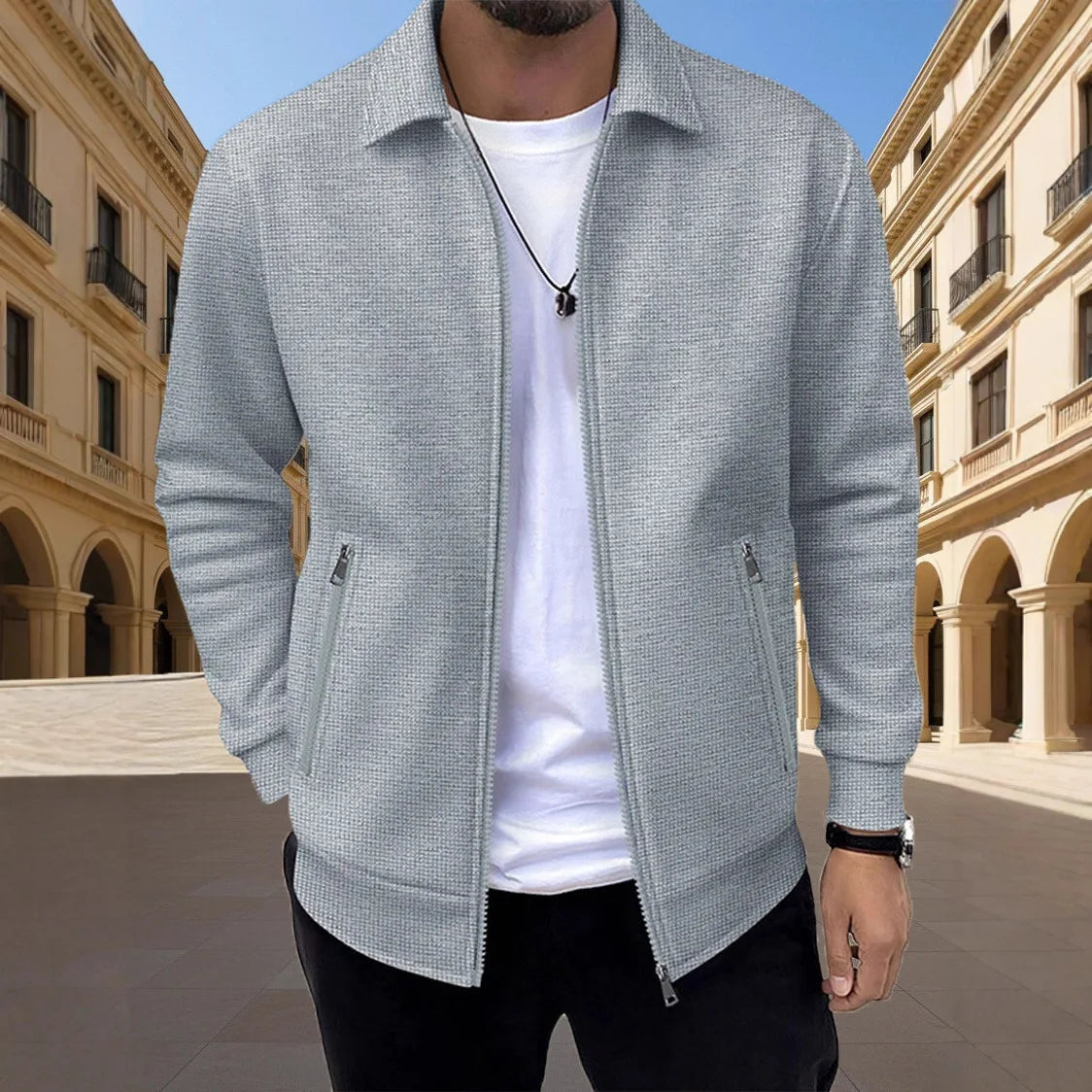 Men's Slim-fit Cardigan Solid-color Lapel Waffle Texture Zipper Pocket Casual Spring/Autumn 2025 Fashion
