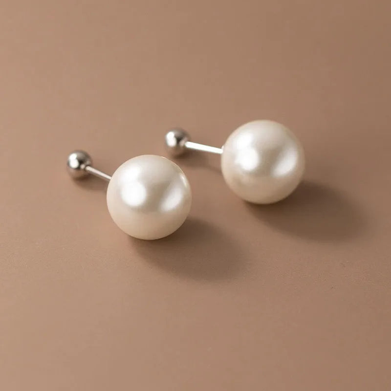 Real 925 Sterling Silver Geometric Round Bead 6/8/10/12mm Pearl Stud Earrings For Women TRENDY Fine Jewelry Accessories