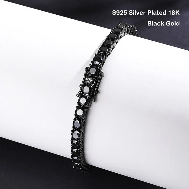 Full 3/4/5/6.5mm Black Moissanite Tennis Bracelet for Men Women Unisex 925 Silver Plated 18K Black Gold Hip Hop Bracelets
