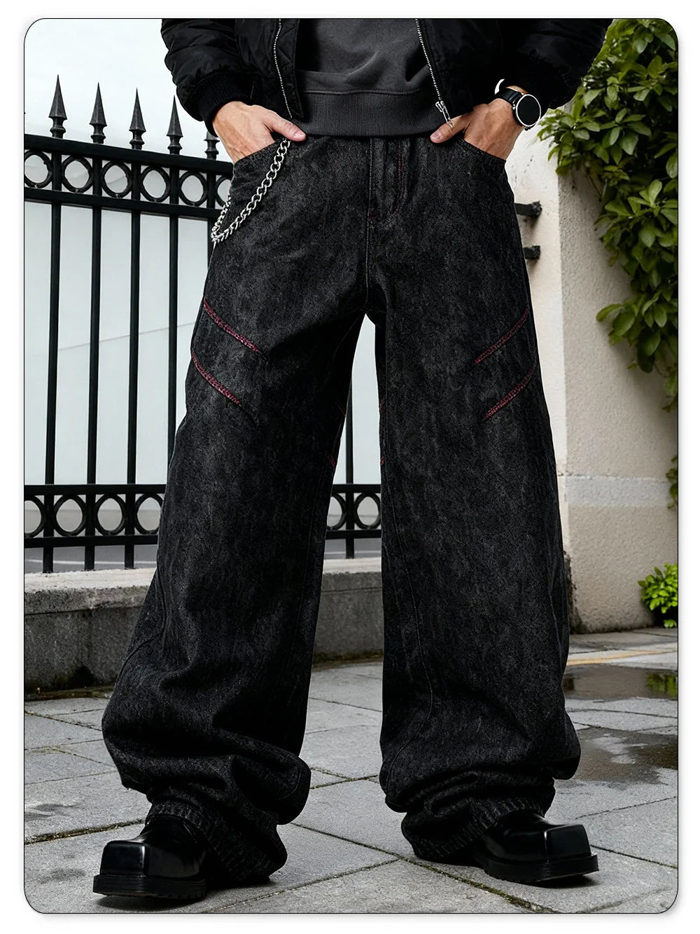 Four Seasons American Retro Men's Black Baggy Wide Leg Jeans Basic Style Business Casual Loose Denim Pants Unisex Street Jeans
