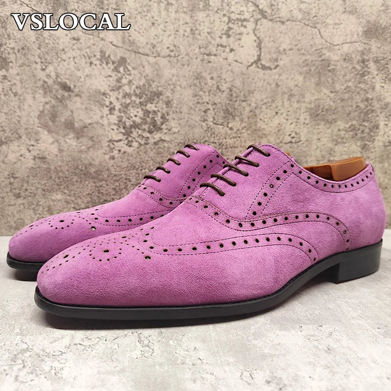 Elegant Men's Oxford Shoe Lace up Suede Leather Purple Pointed Toe Mens Dress Casual Shoes Banquet Wedding Shoes For Man
