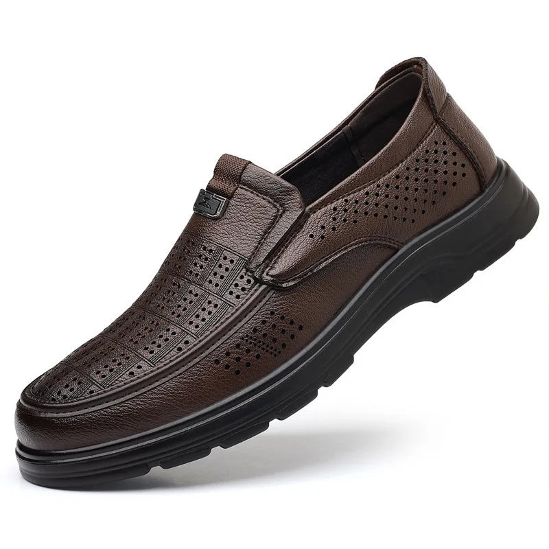 Men's Summer Breathable Leather Loafers Brown Hollow Out Slip-On Shoes Male Thick Sole Comfortable Non-slip Work Shoes for Man