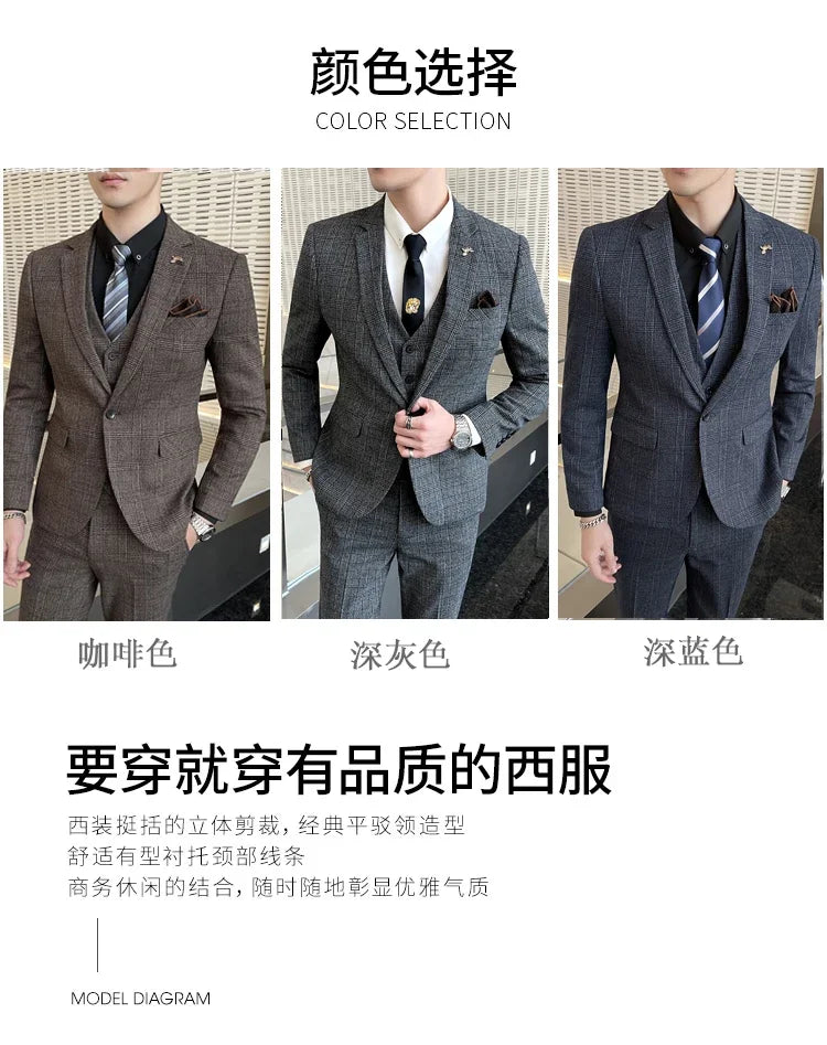 Checkered Suit (Blazer+Vest+Pants) Men's Fashion Hosting Work Business Wedding Casual Linen Art Style Elegant Gentleman's Suit