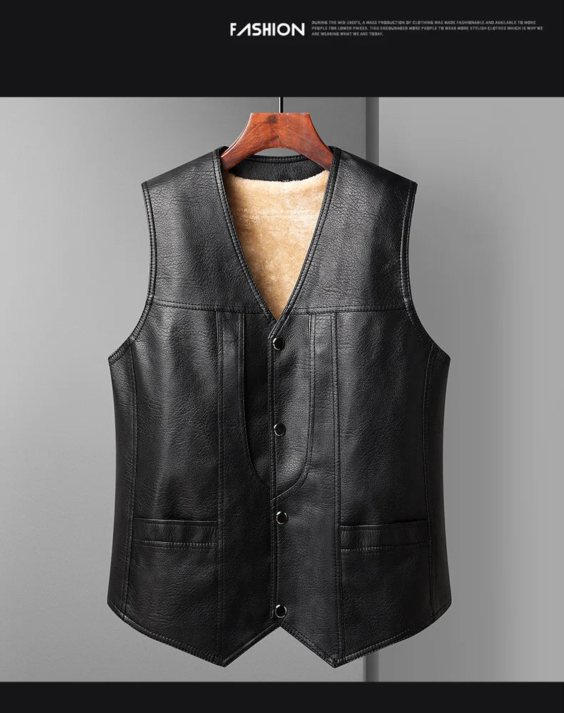 2024 Winter Men Thick Warm Fleece Leather Vest Coat  Male V-Neck Single Breasted Vest Casual Male Clothing Outerwear