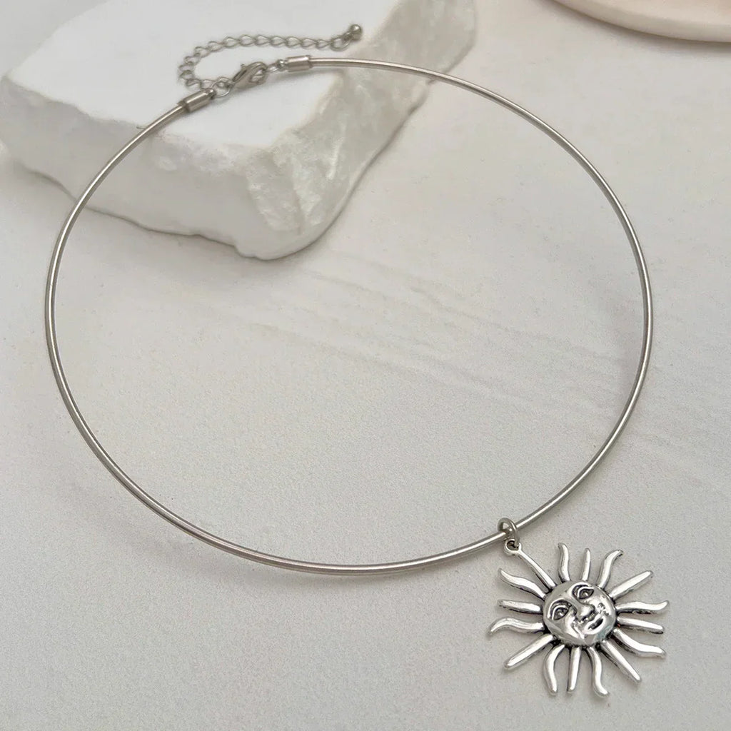 SHIXIN Retro Smooth Golden Metal Thin Choker Necklace for Women Trendy Sun Pendant Necklace Torques Summer Neck Chain Jewelry