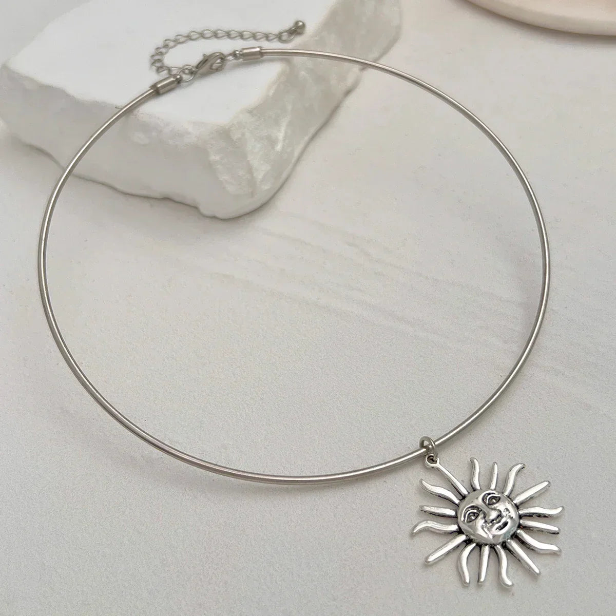 SHIXIN Retro Smooth Golden Metal Thin Choker Necklace for Women Trendy Sun Pendant Necklace Torques Summer Neck Chain Jewelry