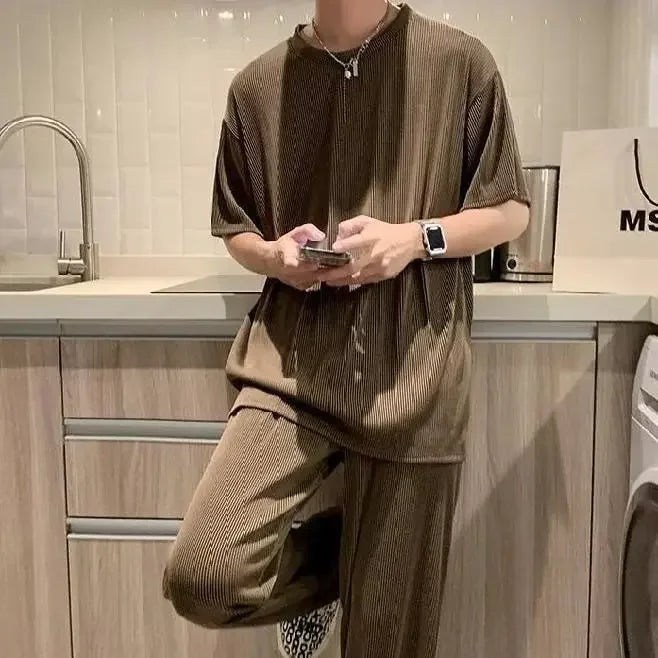 High-End Ice Silk Men's Sports Suit Casual Home Use Long Pants Short Sleeves Quick Drying Top Set Summer Collection