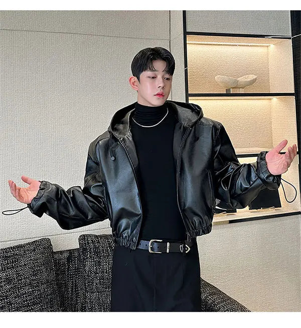 Spring Autumn Short Waterproof Black Pu Leather Jacket Men Hood Zipper High Waist Loose Casual Korean Fashion 2025