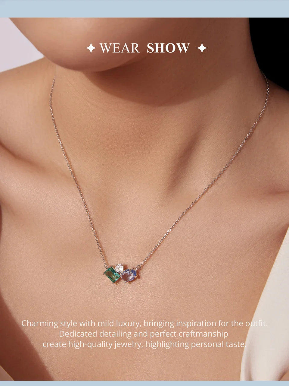 925 Sterling Silver Necklace Blue Green Stone  White Gold Zirconia Pendant Adjustable Chain for Women Fine Jewelry Gift