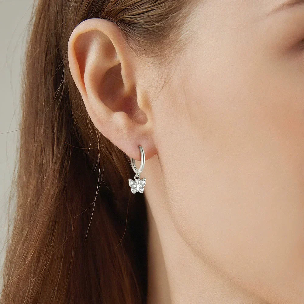 925 Sterling Silver Earring Fashion Geometry Butterfly Zircon Asymmetry Pearl Drop Earring Simple Temperament Trend Women Ear Je