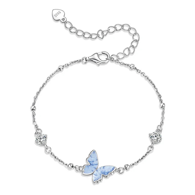 925 Sterling Silver Butterfly Charm Bracelet Lightweight CZ Beads Link Chain for Women Teens Gift Natural Wrist Decor