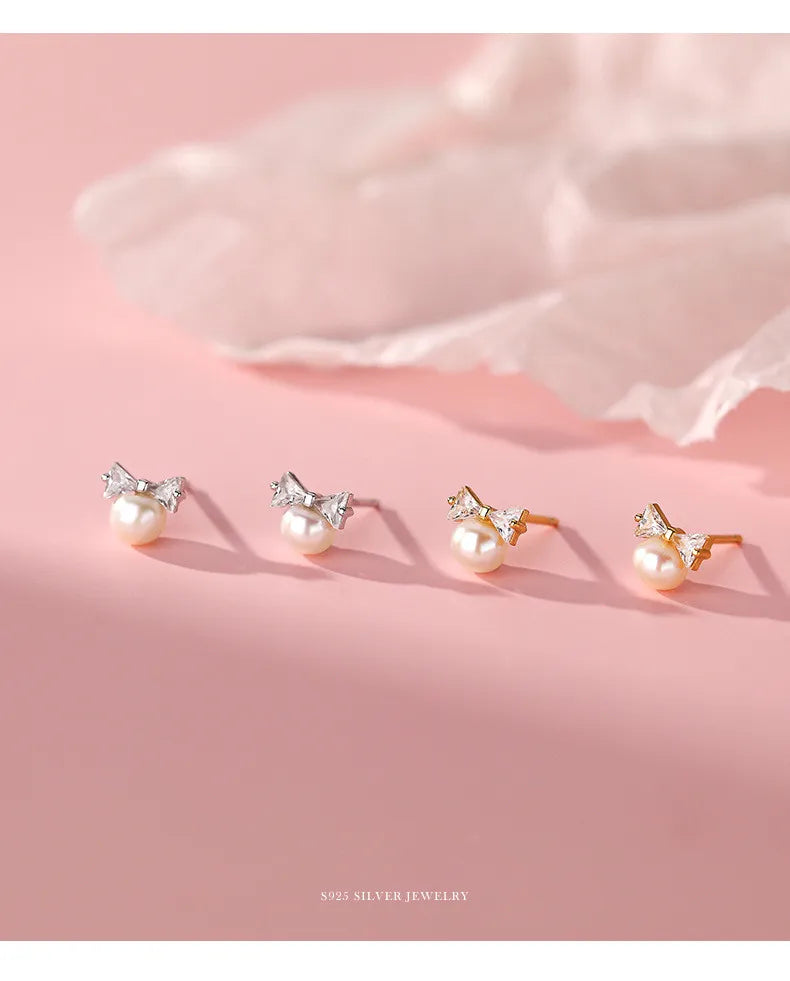 Korea Exquisite Vintage Zircon Pearl Bow Sweet Stud Earrings for Women 925 Sterling Silver Jewelry