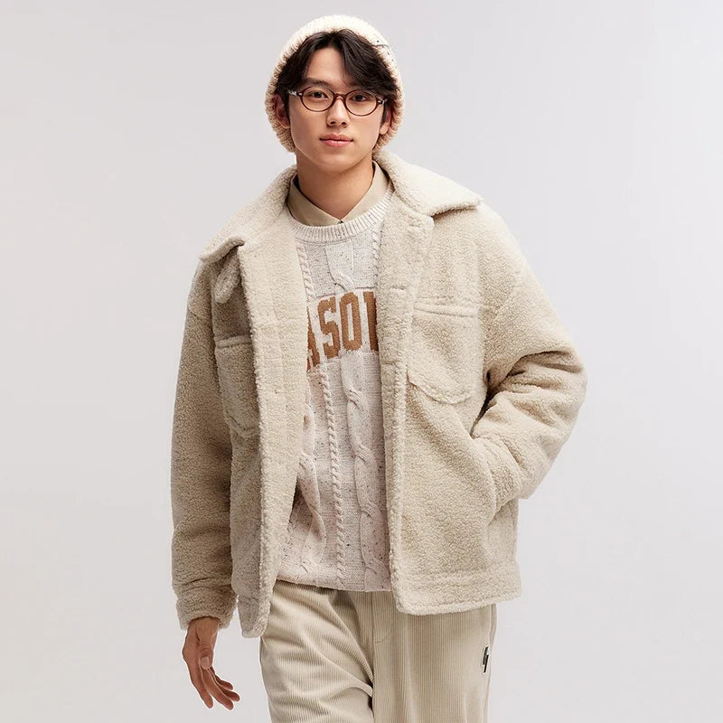 Jacket Men Plush Outerwear 2024 New Couple Solid Color Versatile Loose Imitation Lamb Wool Winter Outfit Neutral Style