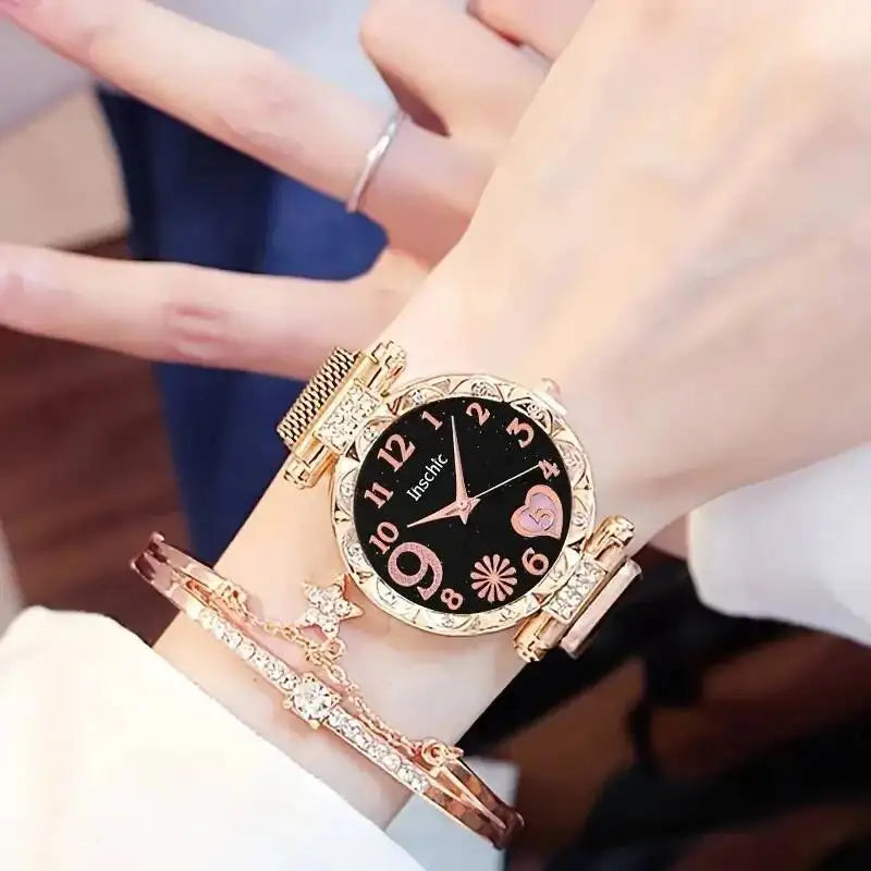 2PCS Fashion Women's Watches Set Magnet Buckle Mesh Strap Analog Quartz Watch Star Bracelet Set Reloj Mujer