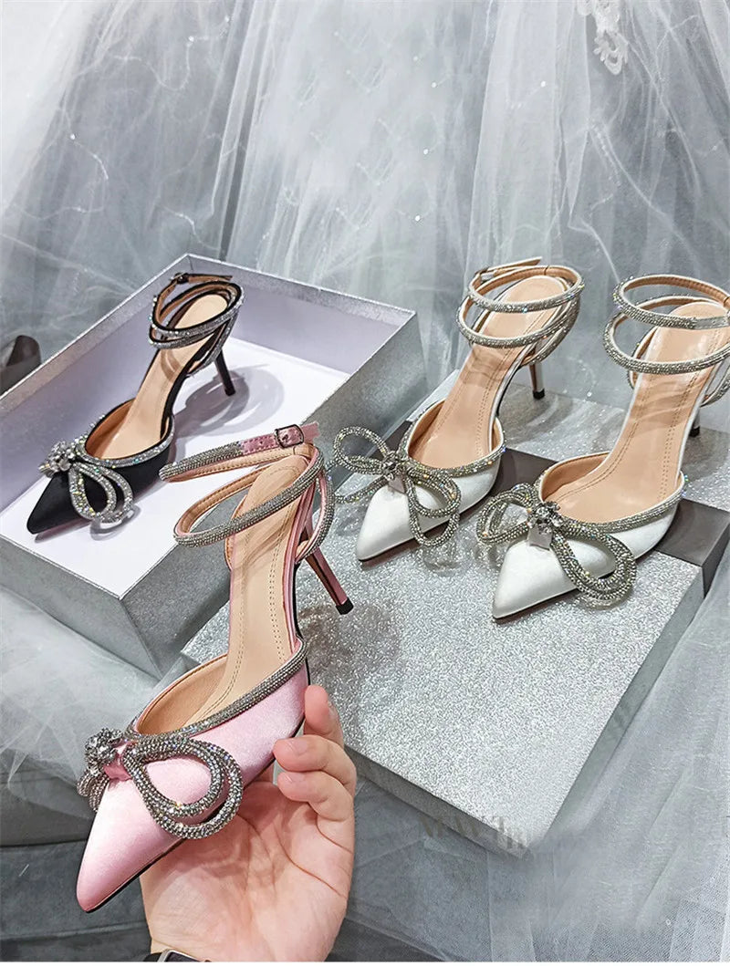 2025 New Fashion Glitter Rhinestones Women Pumps Crystal Bowknot Silk Pointed Toe Buckle Strap Thin High Heels Party Prom Shoes