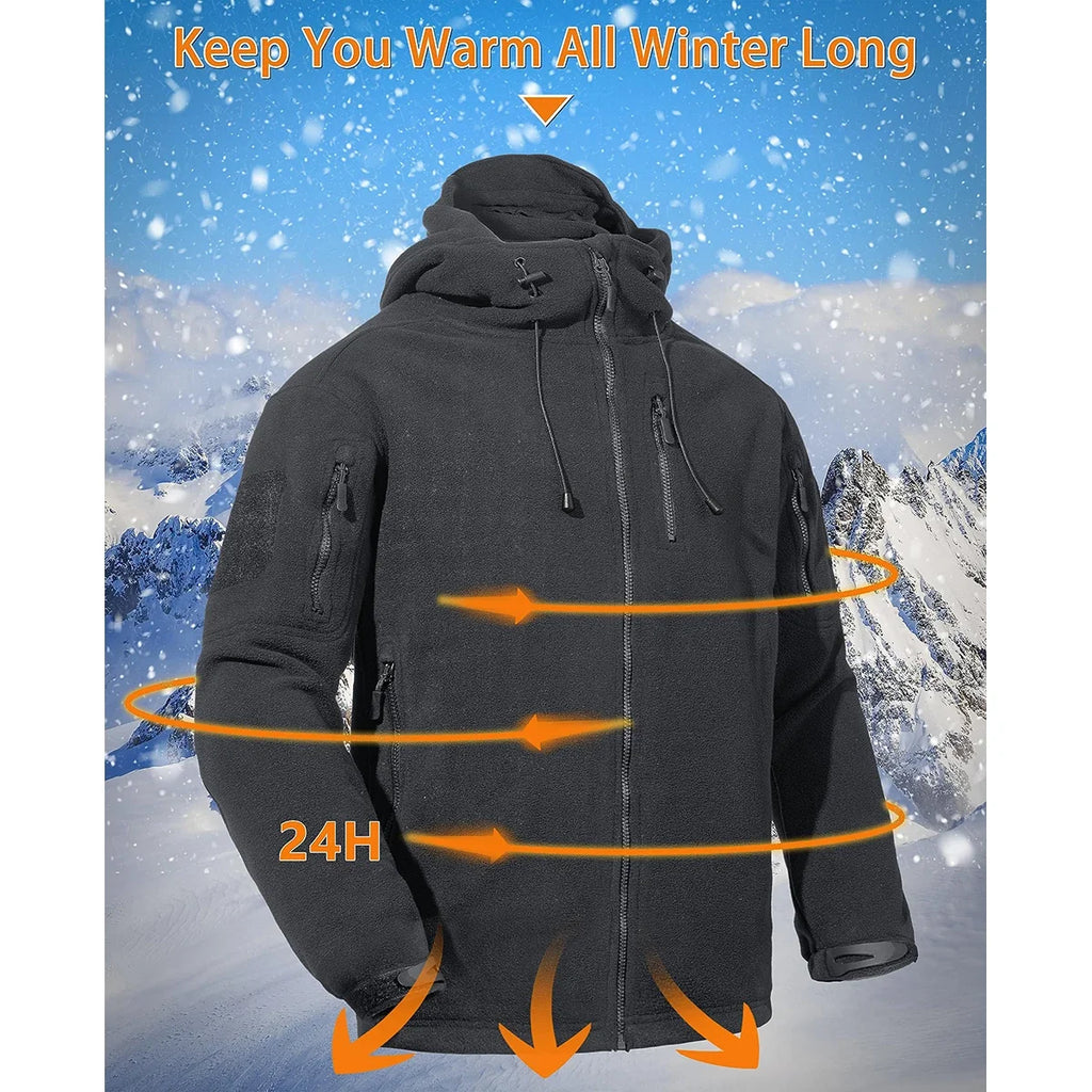 Fall Winter Men's Hooded Fleece Jacket Full Zip Up Soft Warmth Windproof Coat Outdoors Working Hiking Fishing Outerwear