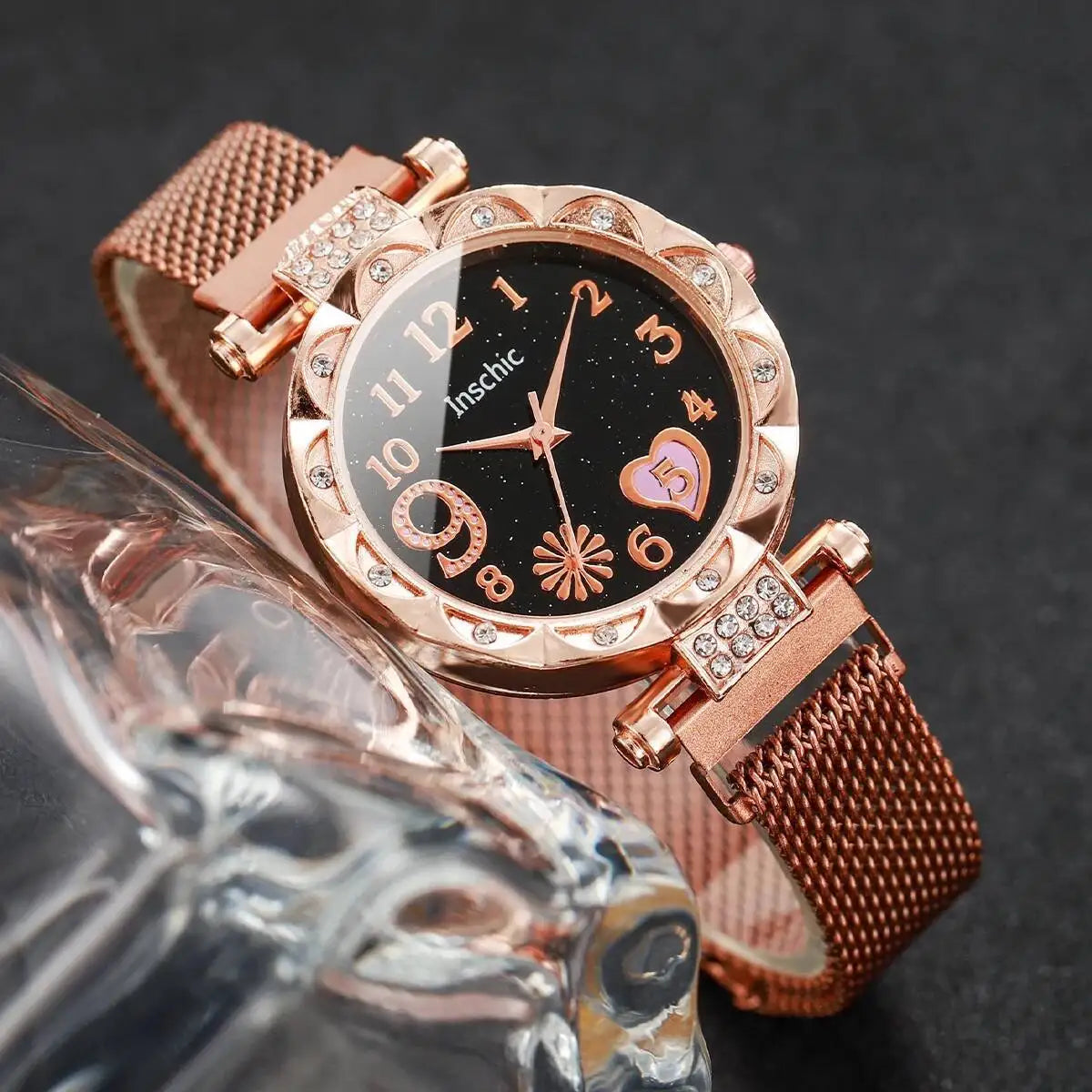 2PCS Fashion Women's Watches Set Magnet Buckle Mesh Strap Analog Quartz Watch Star Bracelet Set Reloj Mujer