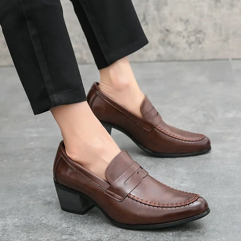 Retro High Heel Men's Shoes Fashionable Business Leather Slip-On Shoes Trendy Rubber Sole Pointed Toe Ankle-Length PU Leather