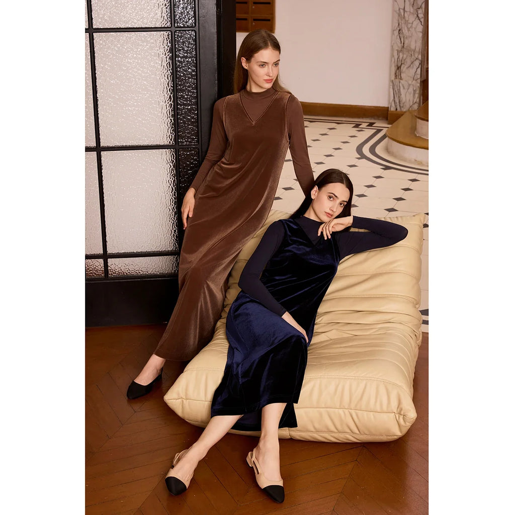 Women 2026 Autumn and Winter Modal Mesh Shirt and V Neck Velvet Maxi Dress High Quality