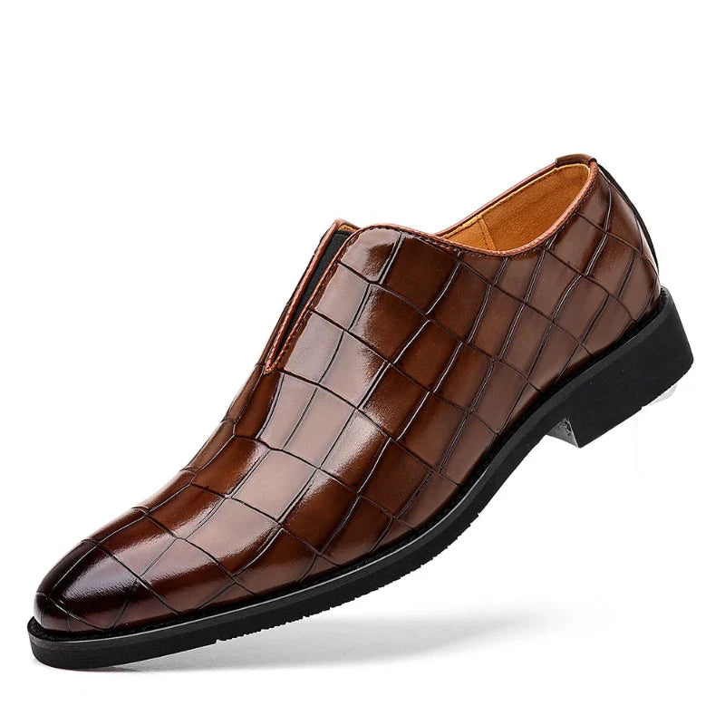 Mens Classic Temperament Brown Crocodile Embossed Leather Loafers Slip On Formal Dress Shoes For Business Office And Casual Wear
