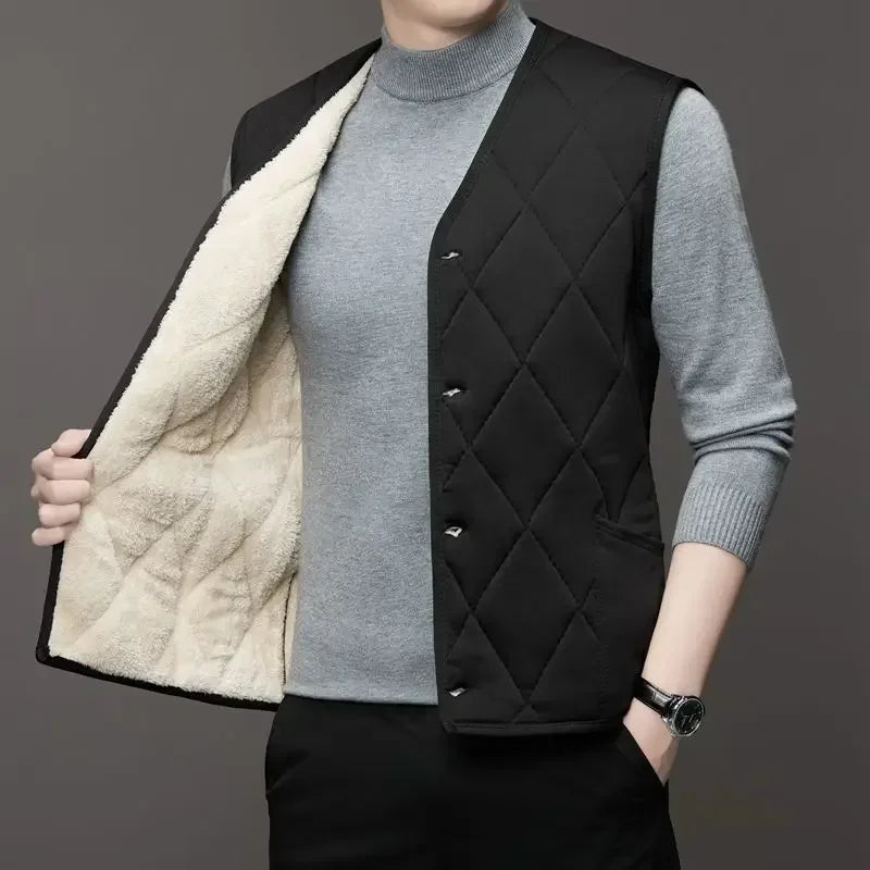 Autumn Winter waistcoat Men Lamb Fleece Coat Vest Button Cardigans Thicken Warm Solid V-Neck Casual Plaid Jackets