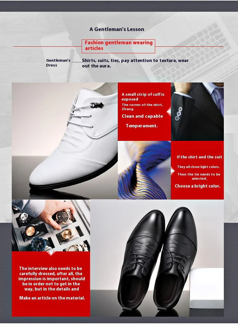 Business Men Oxford Leather Shoes Elevator Man Height Increase Insole 6CM White Black Thick Soled Formal Casual Shoes