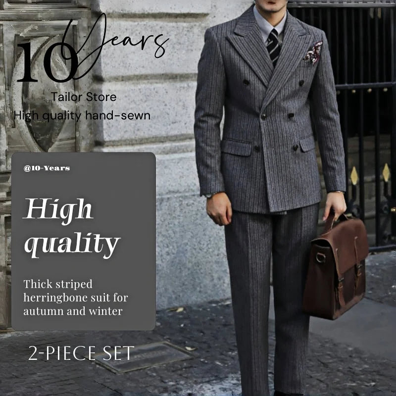 New Thick Style Stripes Herringbone Pattern Men's 2-Piece Suit Double-Breasted Slim Fit Jacket Trousers Vintage Braze Suit