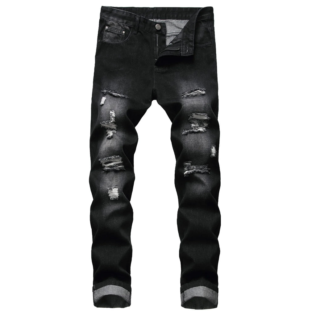 Cross-Border Men's Wear Ripped Straight-Leg Slim Fit Smooths Your Silhouette No Stretch Jeans Light-Colored Denim Trousers Amazo