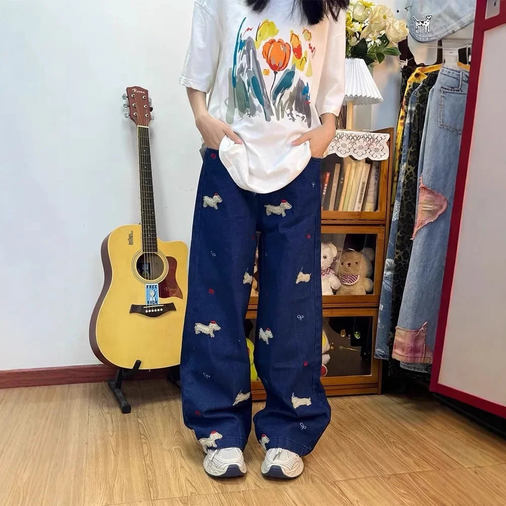Embroidered Dog Wide Leg Jeans High Waist Loose Straight Tube Pants