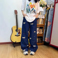 Embroidered Dog Wide Leg Jeans High Waist Loose Straight Tube Pants