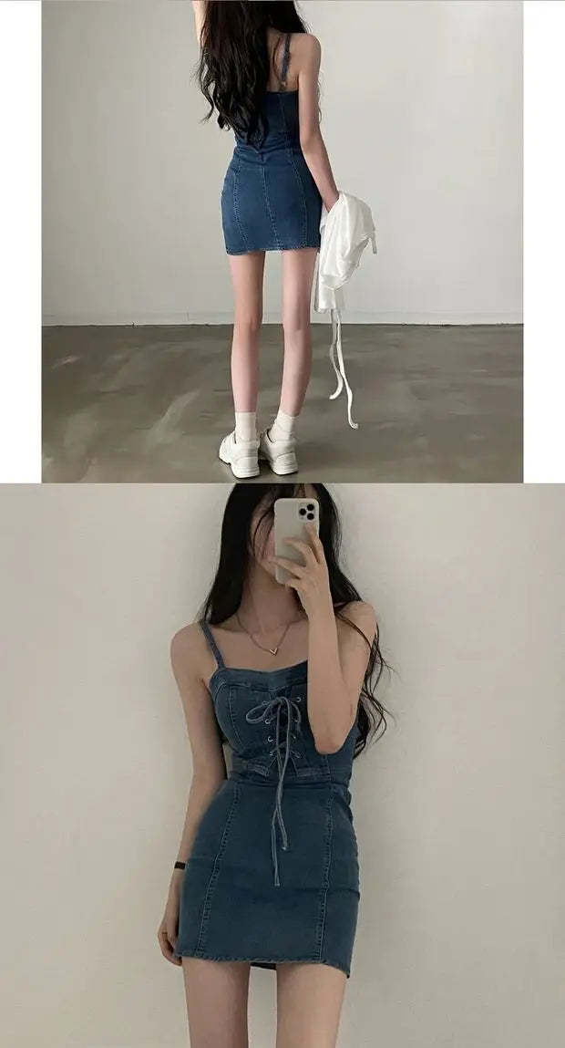 Summer Chic Design Off-oulder Denim Dr Women's Sexy Waist-Cinching Belted ort Skirt A-Line Cotton High Waist Korean Sle