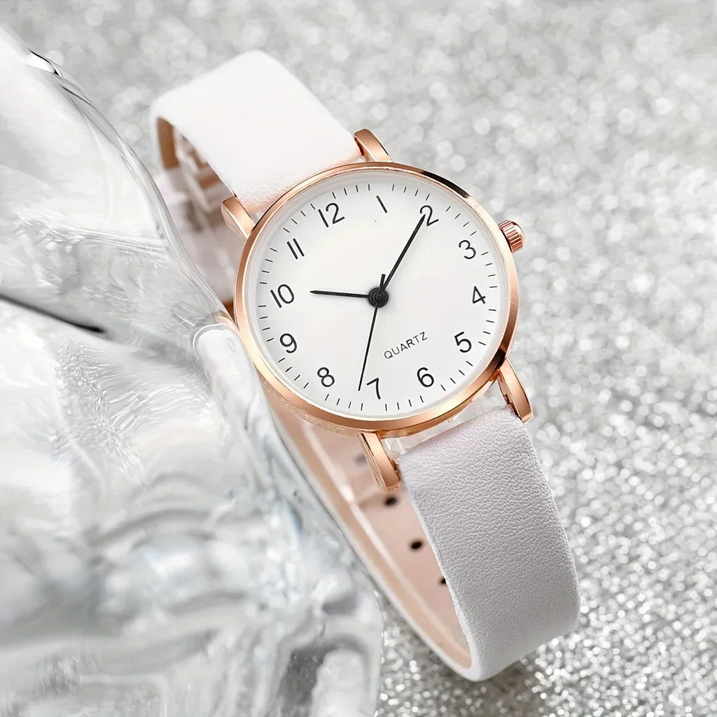 6PCS/Set Women's Watch Casual Arabic Dial Quartz Watch Analog PU Leather Wrist Watches Butterfly Jewelry Set(Without Box)