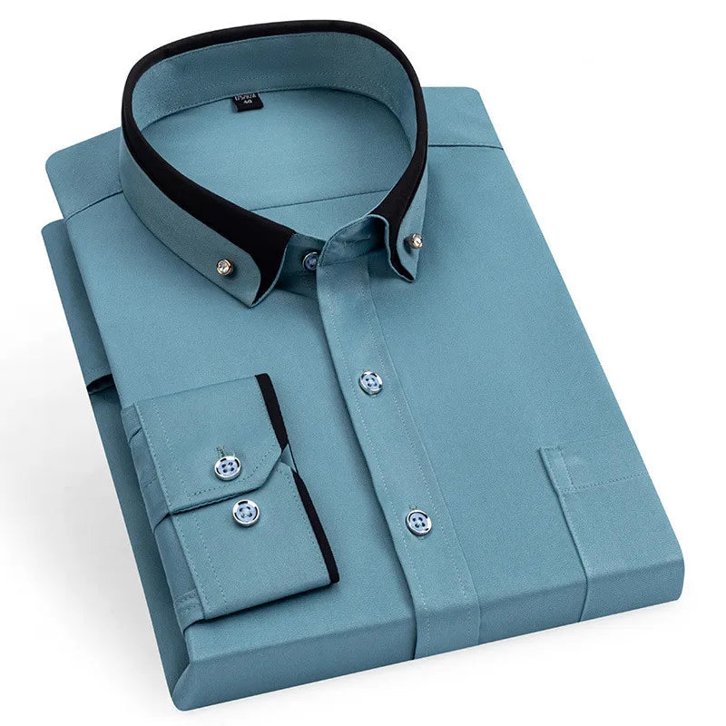 Hot Sale Men's Business Dress Shirts long Sleeve Contrast Collar Social Camisa With Diamond Anti-wrinkle Button Down Black Blue
