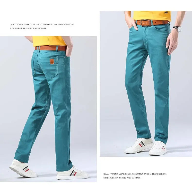 2024 Autumn New Men's Stretch Fit Jeans Bright Trendy Denim Straight-leg Trousers Male Red Lake Blue Yellow Trousers