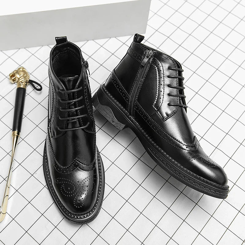 New Fashionable Winter Patent Leather Brogue Ankle Boots Men's Lace up High Tops For Men Flats Everyday All Match Shoes