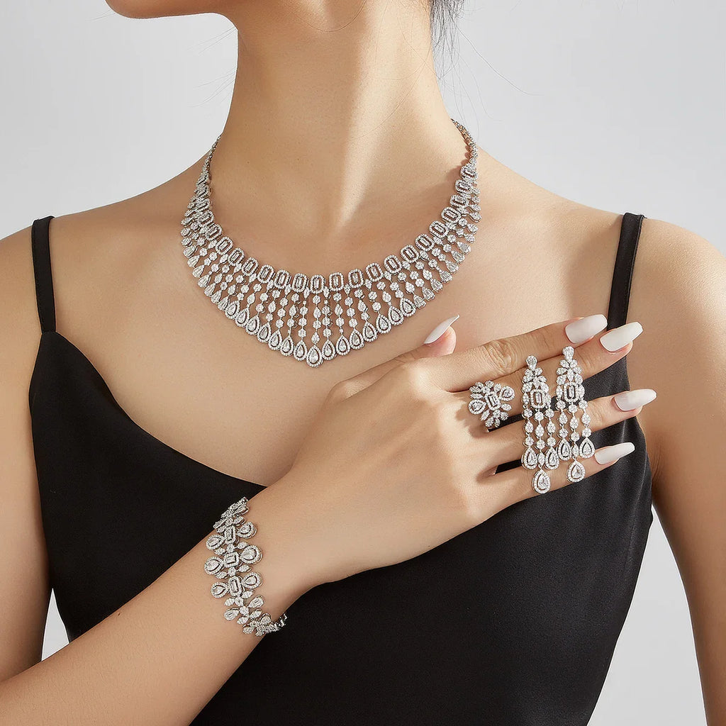 New Elegantly Quality Dress Jewelry Luxury Necklace Earrings Sets Cubic Zirconia Jewelry Sets Women Bridal Wedding