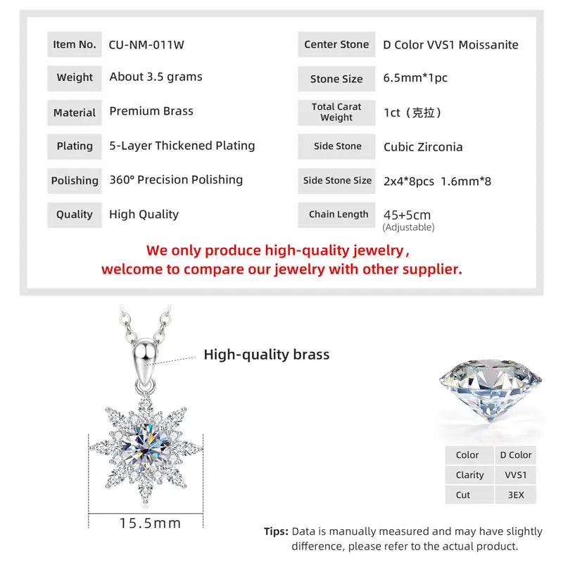 GRA Certified 6.5mm Round Moissanite Delicate Snowflake Pendant Necklace for Women 14K Gold Filled Fine Jewelry Gifts