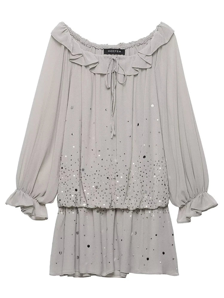 Elegant Summer Women’s Off-Shoulder Sequin Georgette Dress 2026 Female Ruffled Neckline Tiered Long Sleeve Mini Dress