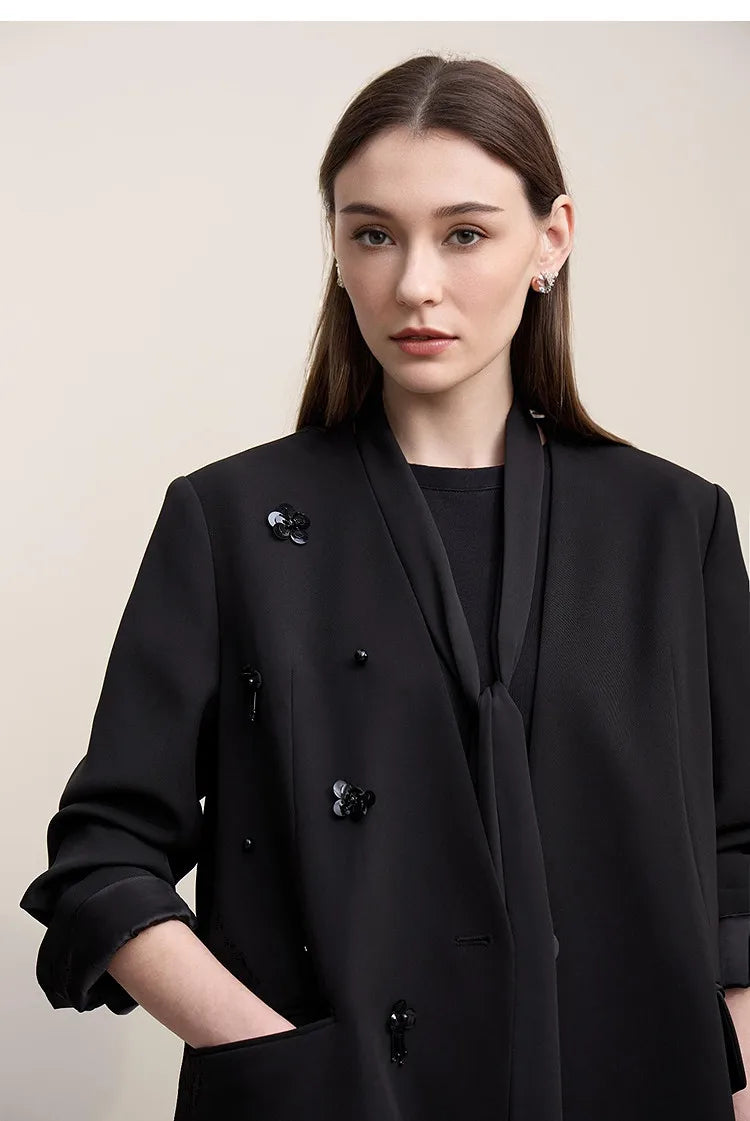 Amii Women's Jacket 2026 Autumn New Elegant Commuter Beaded Flower Chiffon Streamer Tie Blazers Solid Loose V-Neck Top 12641078