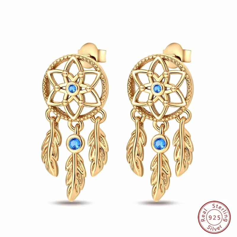 New in 925 Silver Romantic Feather Moon Stars Dream Catcher Earrings For Women Trending Fashion Jewelry Creative Birthday Gifts